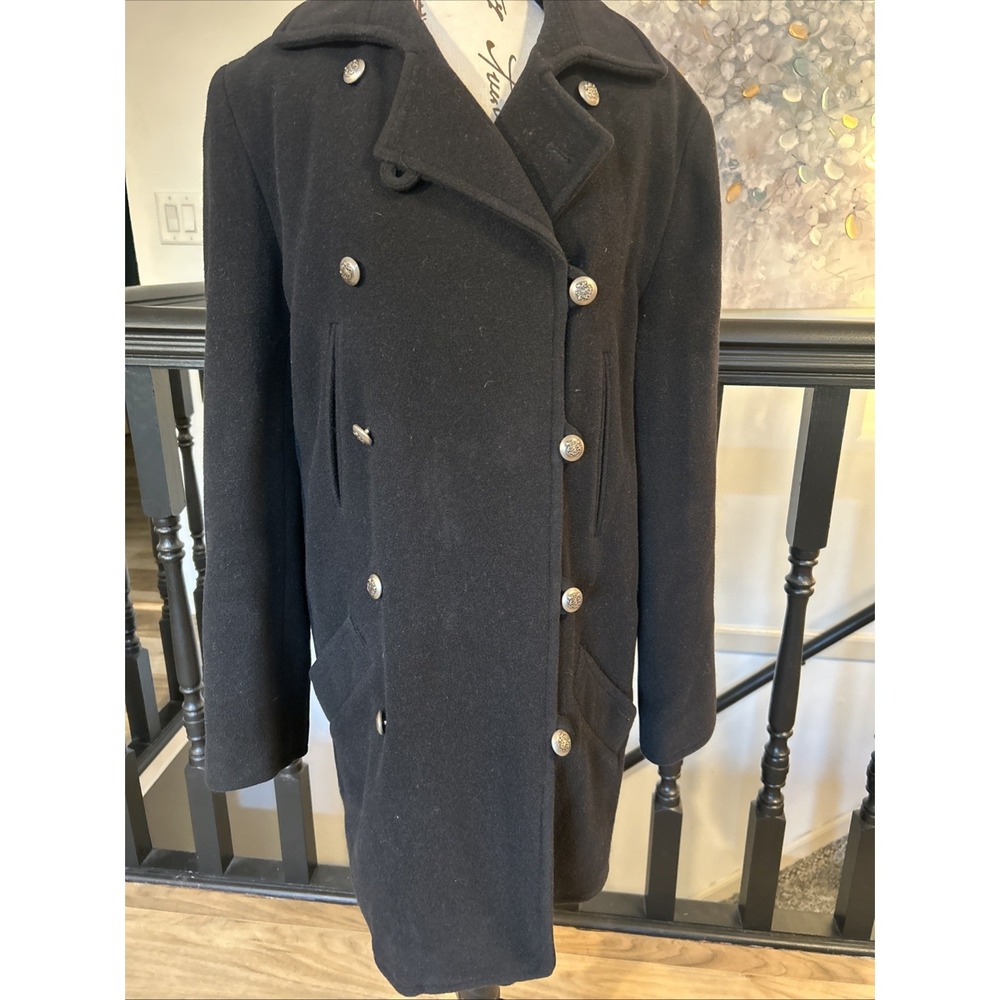 Anne Klein Black Wool Blend Button‎ Front Double Breasted Overcoat Womens M USA